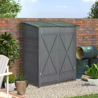 Outsunny Garden Wood Storage Shed w/ Flexible Table, Hooks and Ground Nails, Multifunction Lockable Sheds & Outdoor Asphalt Roof Tool Organizer, 139 x 75 x 160cm, Grey(m-7)