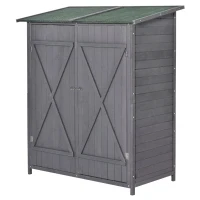 Outsunny Garden Wood Storage Shed w/ Flexible Table, Hooks and Ground Nails, Multifunction Lockable Sheds & Outdoor Asphalt Roof Tool Organizer, 139 x 75 x 160cm, Grey(m-11)