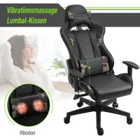 Vinsetto massage bureaustoel, gaming stoel, ergonomisch, kunstleer, schuim, nylon, zwart, camouflage, 64 x 69 x 120-127 cm(m-4)