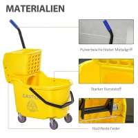 HOMCOM schoonmaakwagen schoonmaakemmer met grote capaciteit draagbare mobiele emmer met wielen waterschild handvat afvalwaterafvoer design zijdruk wringer PP kunststof metaal geel 60 x 36 x 84 cm(m-7)