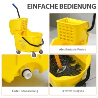 HOMCOM schoonmaakwagen schoonmaakemmer met grote capaciteit draagbare mobiele emmer met wielen waterschild handvat afvalwaterafvoer design zijdruk wringer PP kunststof metaal geel 60 x 36 x 84 cm(m-4)