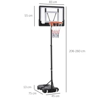 HOMCOM basketbalstandaard in hoogte verstelbaar basketbalsysteem voor kinderen basketbalring met wielen buiten staal PVC HDPE zwart 83 x 75 x 206-260 cm(m-3)