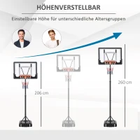 HOMCOM basketbalstandaard in hoogte verstelbaar basketbalsysteem voor kinderen basketbalring met wielen buiten staal PVC HDPE zwart 83 x 75 x 206-260 cm(m-4)