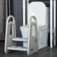 HOMCOM leertoren opstapje staand met 2 treden piramidestructuur veiligheid badkamer slaapkamer keuken blauw + grijs voor 2-5 jaar HDPE PP 43,5 x 38,5 x 61 cm(m-2)