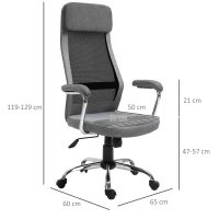 Vinsetto bureaustoel computerstoel ergonomische bureaustoel hoogteverstelling en hoofdsteun met schuimstof scandinavische stijl lichtgrijs + zwart 65 x 60 x 119-129 cm(m-3)