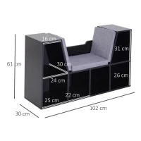 HOMCOM boekenplank met Ottomaanse bank zitbank banken & vakken met 6 opbergruimtes voor opslag zitmeubel met kussens spaanplaat schuimstof linnen zwart + grijs 102 × 30 × 61 cm(m-3)