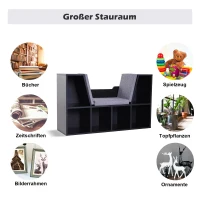 HOMCOM boekenplank met Ottomaanse bank zitbank banken & vakken met 6 opbergruimtes voor opslag zitmeubel met kussens spaanplaat schuimstof linnen zwart + grijs 102 × 30 × 61 cm(m-4)