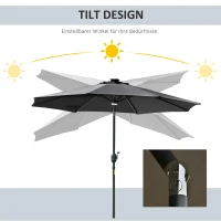 Outsunny parasol buiten parasol met solarverlichting LED zonwering staal aluminium polyester donkergrijs Ø 266 x 245 h cm(m-5)
