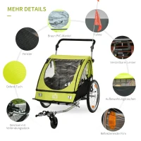 HOMCOM 2-in-1 kinderaanhanger fietskar kinderwagen met opbergtas tweelaags stalen buis metaal oxford groen + zwart 160 x 84 x 106 cm(m-7)