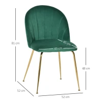 HOMCOM set van 2 keukenstoelen eetkamerstoelen met rugleuning polyester stof metalen poten groen + goud 52 x 52 x 81 cm(m-3)