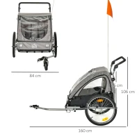 HOMCOM 2 in 1 kinderaanhanger fietsaanhanger kinderwagen met opbergtas tweelaags stalen buis nesting metaal oxford grijs + zwart 160 x 84 x 106 cm(m-3)