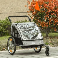 HOMCOM 2 in 1 kinderaanhanger fietsaanhanger kinderwagen met opbergtas tweelaags stalen buis nesting metaal oxford grijs + zwart 160 x 84 x 106 cm(m-2)
