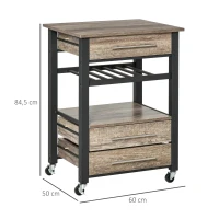 HOMCOM keukenwagen servicewagen serveerwagen met plank lade spaanplaat metaal grijs eiken 60 x 50 x 84,5 cm(m-3)