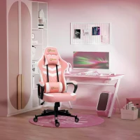 Vinsetto Pink Gaming Chair, Ergonomic with Lumbar Support, Headrest, Swivel Wheel, PVC Leather Gamer Desk Chair for Home Office(m-2)