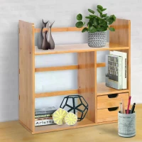 HOMCOM Desk Organiser Compartments Desktop Bookshelf Stationery Storage Shelf Document File Holder with 2 Drawers 2-way Reversed Use Bamboo(m-2)