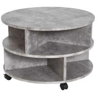 HOMCOM Round Coffee Table with Wheels, 3-Tier Rolling Side Table for Living Room with Divided Shelves, Cement Colour