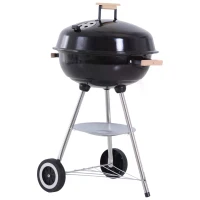 Outsunny Outdoor Portable Round Charcoal BBQ Grill with Wooden Handle, Bottom Shelves, Easy Cleaning for Party Patio(m-1)