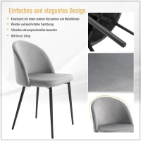 HOMCOM set van 2 eetkamerstoelen keukenstoelen gestoffeerde stoel design stoel met rugleuning gestoffeerde fauteuil synthetisch suède fauteuil fluweel metalen poten grijs 49x50x77cm(m-6)