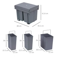 HOMCOM Kitchen Recycle Waste Bin Pull Out Soft Close Dustbin Recycling Cabinet Trash Can Grey (40L (1x20L+2x10L))(m-3)