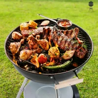 Outsunny Outdoor Portable Round Charcoal BBQ Grill with Wooden Handle, Bottom Shelves, Easy Cleaning for Party Patio(m-7)