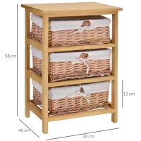 HOMCOM 3 Drawer Dresser Wicker Basket Storage Shelf Unit Wooden Frame Home Organisation Cabinet Bedroom Office Furniture Natural Finish(m-11)