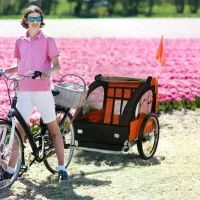 HOMCOM 2 Seat Bike Trailer Bicycle wagon for Kids Child Steel Frame Safety Harness Seat Carrier Orange Black 130 x 76 x 88 cm(m-12)