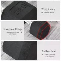 HOMCOM 20KG Single Rubber Hex Dumbbell Portable Hand Weights Dumbbell Home Gym(m-4)