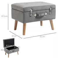 HOMCOM Upholstery Footstool, Velvet Pouffe Storage Trunk, Suitcase Style Ottoman with Wood Legs and Button Tufted Design for Bedroom, Hallway, Grey(m-3)