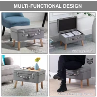 HOMCOM Upholstery Footstool, Velvet Pouffe Storage Trunk, Suitcase Style Ottoman with Wood Legs and Button Tufted Design for Bedroom, Hallway, Grey(m-7)