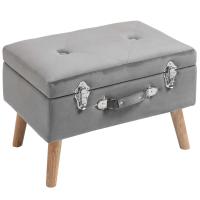 HOMCOM Upholstery Footstool, Velvet Pouffe Storage Trunk, Suitcase Style Ottoman with Wood Legs and Button Tufted Design for Bedroom, Hallway, Grey