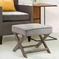 HOMCOM Small Footstool, Vintage Footrest with Velvet-touch Upholstery, Padded Seat and X-shaped Wood Legs for Living Room, Grey(m-11)