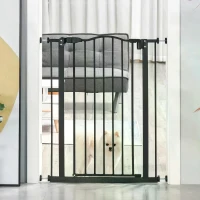 PawHut  Dog Safety Gate Indoor, 74-84cm Adjustable Metal Pet Gate w/ Auto-Close Door Double Locking Easy-Open Doors Stairs Black(m-2)