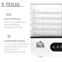 HOMCOM dehydrator droogapparaat voedseldroger met 5 compartimenten droger met temperatuurregelaar van 35-70 ℃ 72-uurs timer 400 Watt vlees groente fruit droger PP PS wit 29 x 19 x 21,5 cm(m-5)