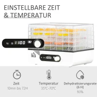 HOMCOM dehydrator droogapparaat voedseldroger met 5 compartimenten droger met temperatuurregelaar van 35-70 ℃ 72-uurs timer 400 Watt vlees groente fruit droger PP PS wit 29 x 19 x 21,5 cm(m-6)