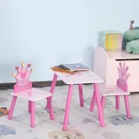 HOMCOM 3 Pcs Kids and Table Chair Set Princess & Crown Theme Home Furniture Pretty Gift Pink(m-2)