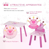 HOMCOM 3 Pcs Kids and Table Chair Set Princess & Crown Theme Home Furniture Pretty Gift Pink(m-6)