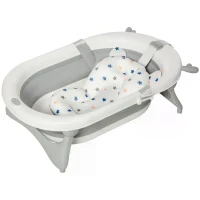 HOMCOM Foldable Baby Bathtub Set, Collapsible Bath Tub with Thermostatic Water Plug, Non-Slip Support, Cushion Pad, Drain Plugs, for Newborn to 3 Years - Offwhite(m-9)