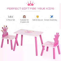 HOMCOM 3 Pcs Kids and Table Chair Set Princess & Crown Theme Home Furniture Pretty Gift Pink(m-5)
