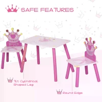 HOMCOM 3 Pcs Kids and Table Chair Set Princess & Crown Theme Home Furniture Pretty Gift Pink(m-7)