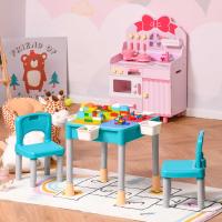 HOMCOM Juego de Mesa y 2 Sillas para Niños con 135 Bloques de Construcción Mesa de Ambos Lados Útiles para Dibujar y Cenar con Gran Almacenaje 69x69x47 cm Multicolor