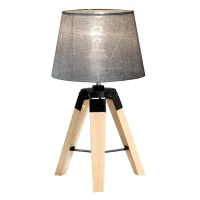 HOMCOM Lámpara de Mesa Moderna y Original con Base Trípode de Madera y Pantalla de Tela Lino para Salón o Dormitorio 24x24x45cm E27 Máx. 40W Gris(m-1)