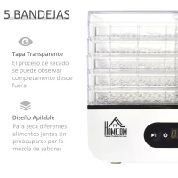 HOMCOM Deshidratador de Alimentos 400W con 5 Bandejas Pantalla LCD Temperatura Ajustable 35-70 ℃ y Temporizador de 72 Horas para Verduras Frutas Carne sin BPA 29x19x21,5 cm Blanco(m-5)