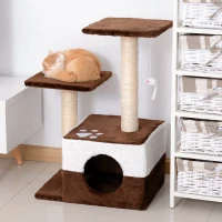 PawHut Árbol Rascador para Gatos Altura 70 cm con Cueva de Felpa Suave 2 Plataformas Postes Rascadores de Sisal Natural y Ratón de Juguete 45x33x70 cm Marrón Café(m-2)