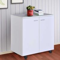 HOMCOM Mueble Auxiliar con Ruedas Multifuncional Armario Móvil para TV de Madera con 2 Puertas 60x35x65cm Blanco