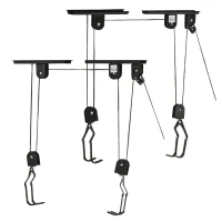 HOMCOM 2 Pares de Elevador para Bicicletas en el Techo Mediante Poleas Cuerdas Ganchos con Altura Ajustable Soporte para Bici al Techo Carga 20 kg Acero Negro(m-1)