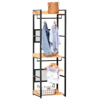 HOMCOM Perchero de Entrada 2 en 1 con 3 Estantes de Almacenaje y 2 Barras Colgar Ropa para Pasillo Dormitorio Sala de Estar 60x40x190 cm Negro Madera Natural(m-1)