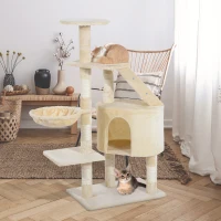 PawHut® Rascador Árbol para Gatos Poste Centro 55x40x125cm Arañar Dormir Jugar Felpa Beige(m-2)