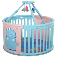 HOMCOM Parque Infantil Redondo Corralito de Seguridad para Bebé Cuna con Alfombra de Suelo Juguetes Divertidos Doble Cerradura Altura 65,5 cm Rosa y Azul(m-1)