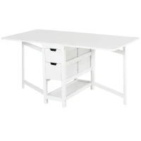 HOMCOM Mesa de Comedor Plegable Mesa Extensible con 2 Alas Laterales 2 Cajones y 1 Estante Almacenaje para Cocina Carga Total 50 kg 150x80x74 cm Blanco(m-1)