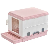 PawHut Caja de Arena para Gatos Plegable Arenero Portátil Aseo Quita Mal Olor con Manija Puerta Orificio de Ventilación Bandeja Material ABS 54x43x42 cm Blanco y Rosa(m-1)